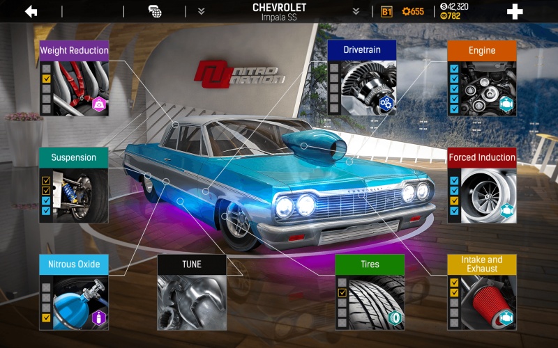 Tải Nitro Nation MOD APK v8.7.0 (Vô Hạn Tiền, Menu) 5 Nâng cấp 33 bộ phận trên xe